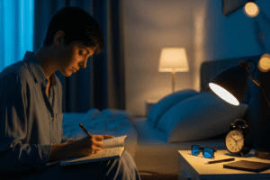 Person journaling a sleep diary in a minimalist bedroom, illustrating how to improve sleeping habits through a focused bedtime routine for better mental clarity.
