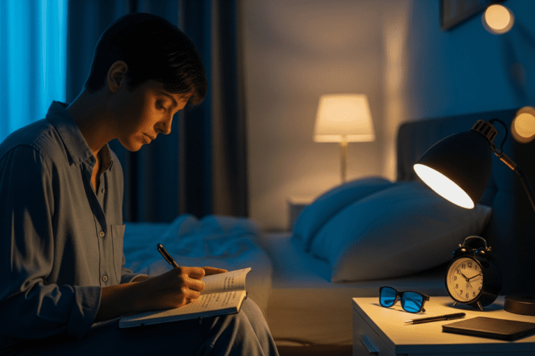 Person journaling a sleep diary in a minimalist bedroom, illustrating how to improve sleeping habits through a focused bedtime routine for better mental clarity.