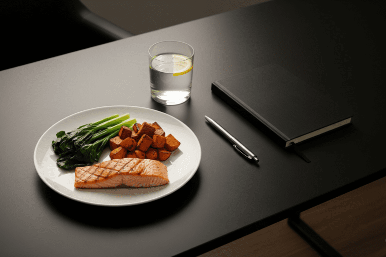 Structured meal for better brain function — a clean, minimalist setup with focus-enhancing foods and a distraction-free workspace.