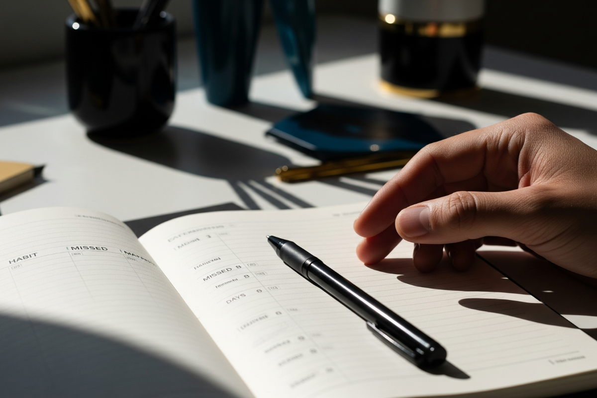 Cinematic image of a hand reaching for a pen on an open habit journal, symbolizing the process of fixing broken habits without starting over.