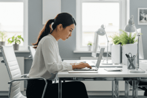 Focused woman working on laptop in minimalist white office, representing the use of and how to build a disciplined mindset