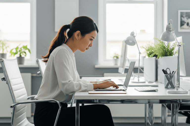 Focused woman working on laptop in minimalist white office, representing the use of and how to build a disciplined mindset