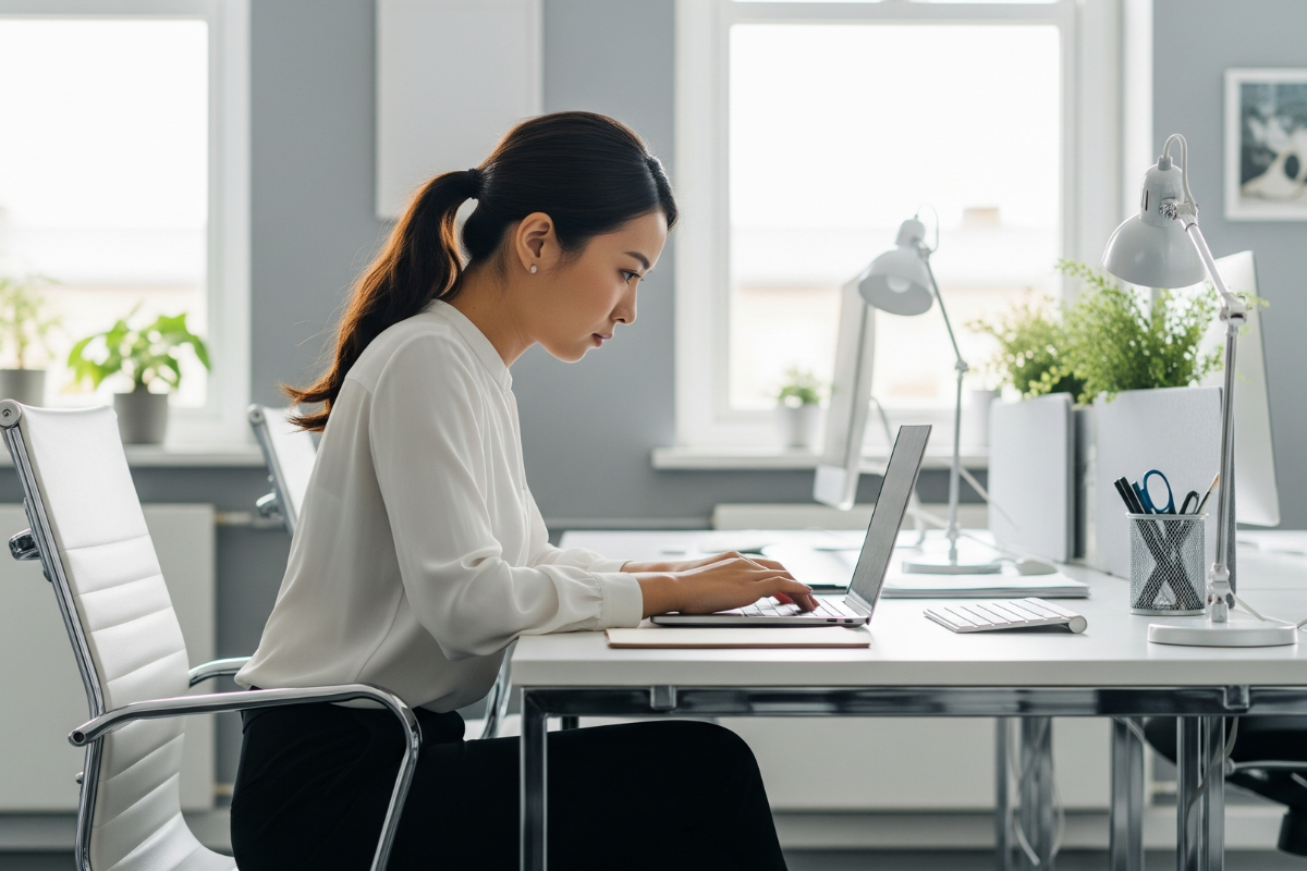 Focused woman working on laptop in minimalist white office, representing the use of and how to build a disciplined mindset