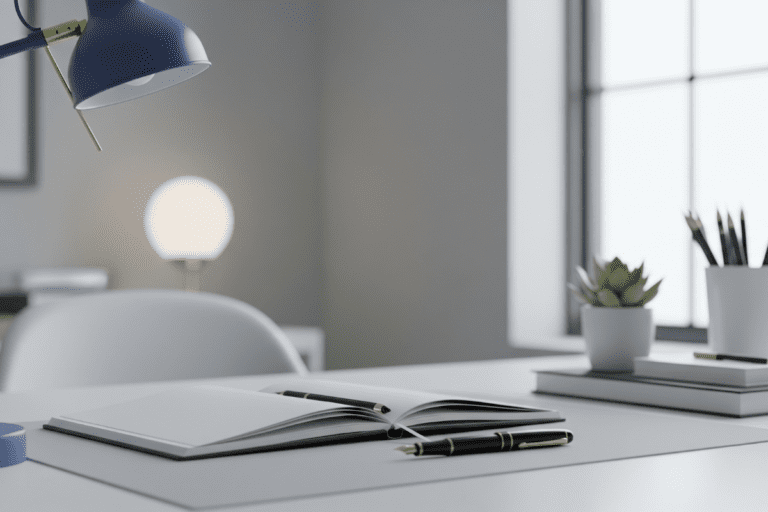 Minimalist desk setup with clean workspace, neutral tones, and ergonomic accessories designed for focus and productivity