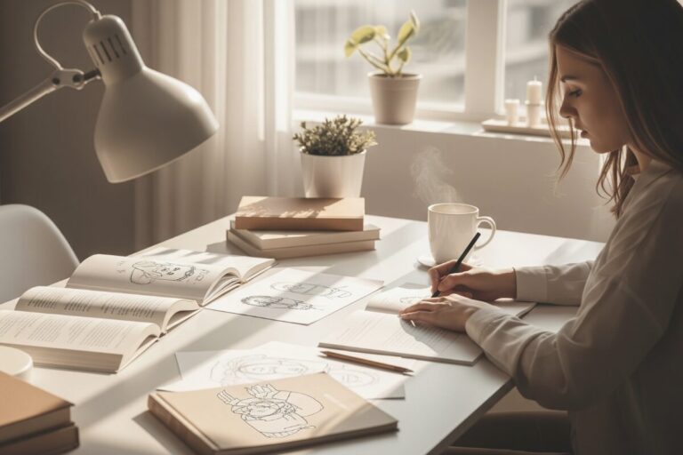 Women using productive procrastination through creative drawing for her brand.