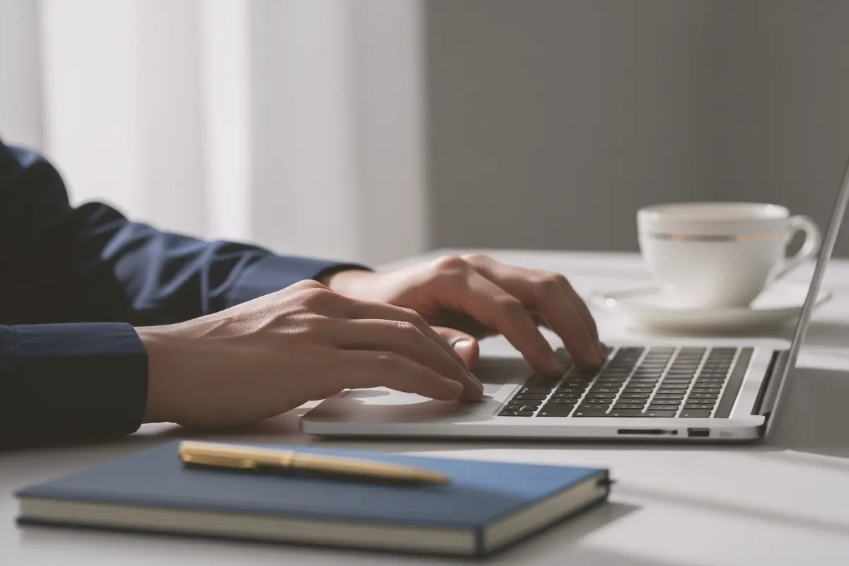Person practicing deep work at a minimalist desk setup with a laptop, notebook, and coffee — a visual of how to do deep work with focus and clarity.