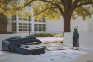 Minimalist study setup on a white campus bench with flashcards, a backpack, and a laptop — ideal environment for how to enter a flow state while studying.