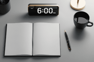 Cinematic flat-lay of a minimalist desk with a blank notebook, pen, coffee, and digital clock — designed to reflect a high performance daily routine.