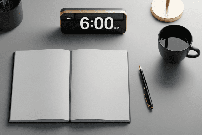 Cinematic flat-lay of a minimalist desk with a blank notebook, pen, coffee, and digital clock — designed to reflect a high performance daily routine.
