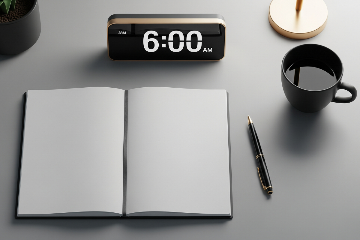 Cinematic flat-lay of a minimalist desk with a blank notebook, pen, coffee, and digital clock — designed to reflect a high performance daily routine.