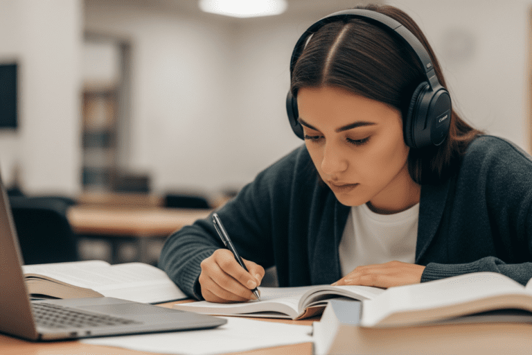 A young student wearing headphones is completely focused on their textbook, demonstrating a flow state while studying.