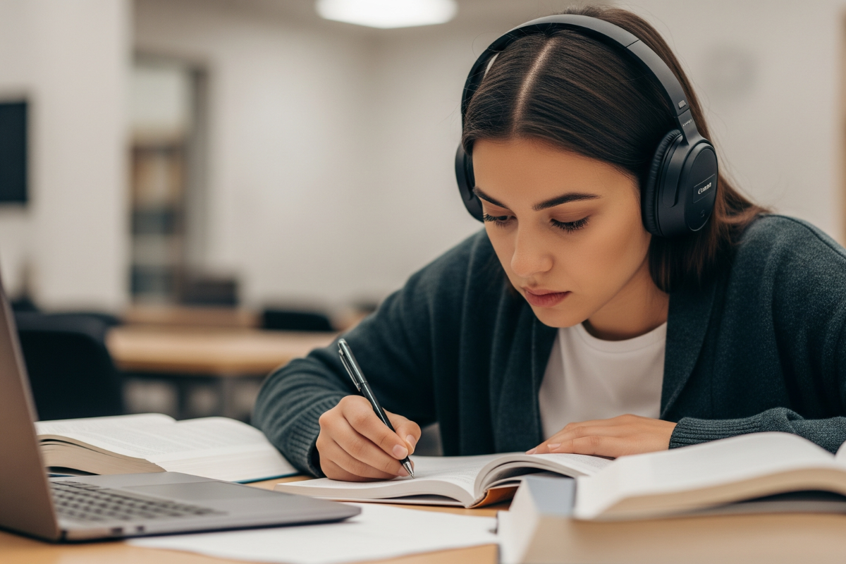 A young student wearing headphones is completely focused on their textbook, demonstrating a flow state while studying.