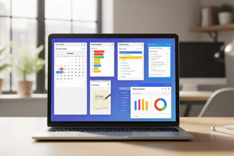 A sleek silver MacBook is open, displaying a clean desktop with the best productivity apps including a calendar, a to-do list, and a project management board. The screen glows, suggesting active use and highlighting the digital tools for organization and focus.