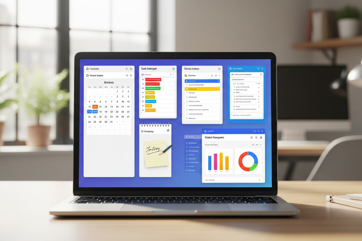 A sleek silver MacBook is open, displaying a clean desktop with the best productivity apps including a calendar, a to-do list, and a project management board. The screen glows, suggesting active use and highlighting the digital tools for organization and focus.