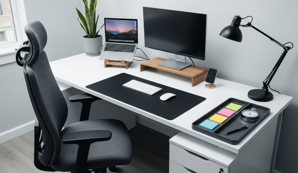 Minimalist desk setup featuring a white desk, monitor on a wood stand, MacBook on a riser, wireless keyboard and mouse, leather desk mat, potted snake plant, and matte black desk lamp—designed for focus and productivity