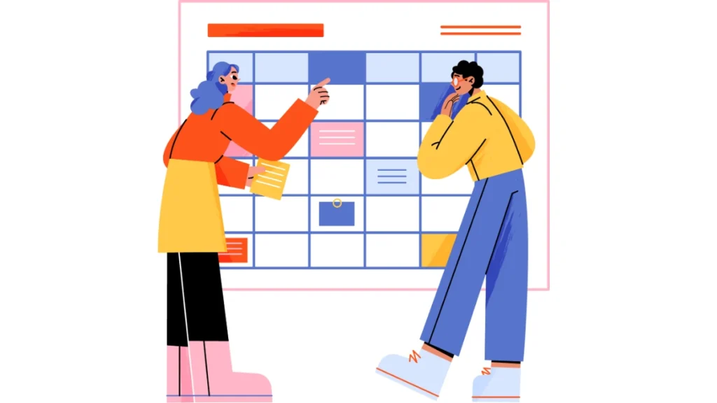 Two people analyzing a calendar and planning there day 