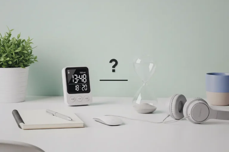 Minimalist white desk setup with a digital timer on the left and an hourglass on the right, symbolizing the pomodoro vs deep work comparison.