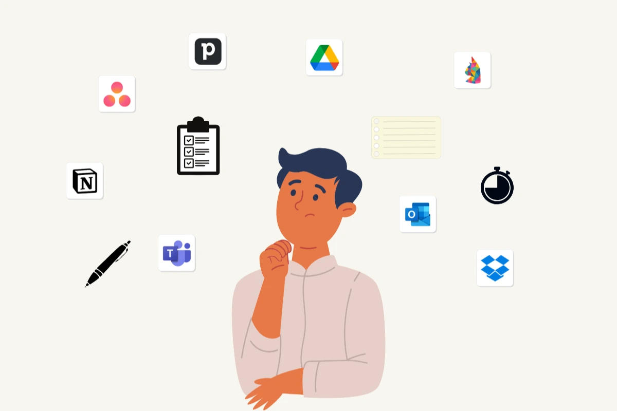 Illustration of a person surrounded by the best productivity tools, including Notion, Dropbox, Google Drive, and other workflow apps on a white background.