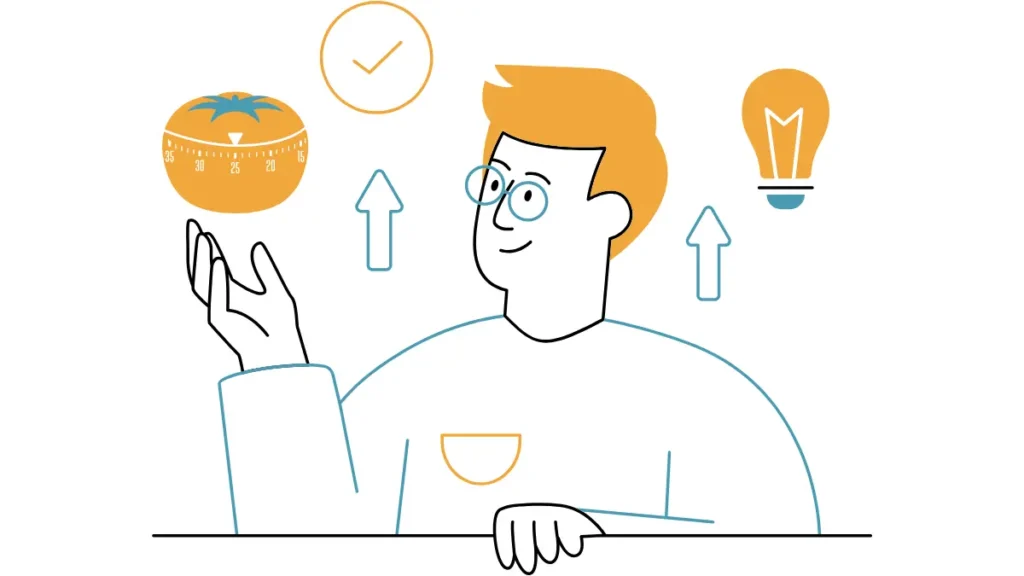 Illustration of a person holding a Pomodoro timer, surrounded by focus and productivity icons, representing the Pomodoro Technique in a discussion of pomodoro vs deep work.
