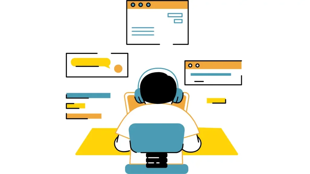 Flat design of a person focused at a computer screen with multiple digital interfaces, representing deep work in contrast to the Pomodoro Technique.