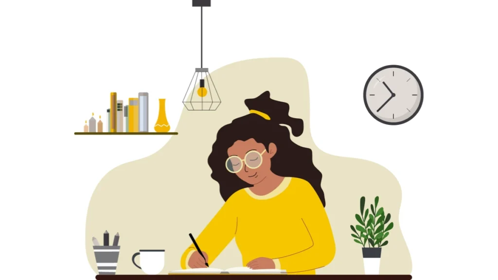 Woman using paper productivity tools while working from home with a notebook, books, and clock