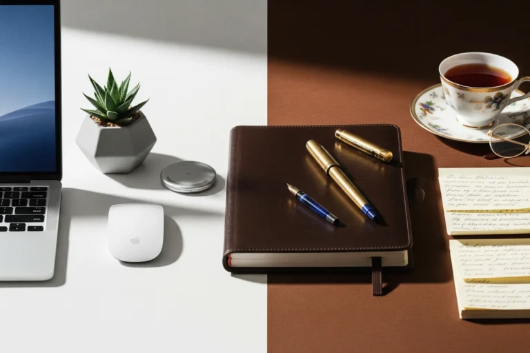 Split-screen workspace showing digital vs paper productivity tools — minimalist laptop and mouse on a white desk contrasted with a leather planner, gold fountain pens, handwritten notes, and tea cup on a brown desk, representing high-performance workflow comparison.